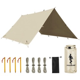 FREE SOLDIER Camping Tarp Waterproof Portable Multifunctional Outdoor Traveling Awning Backpacking Shelter Rain Tarp (Beige 1010.5ft)