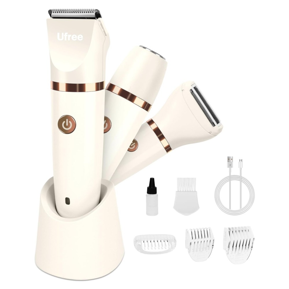Ufree Bikini Trimmer Electric Razors for Women, Rechargeable Pubic Hair Trimmer Electric Shaver for Legs Body Hair, Bikini Shaver IPX7 Waterproof, White