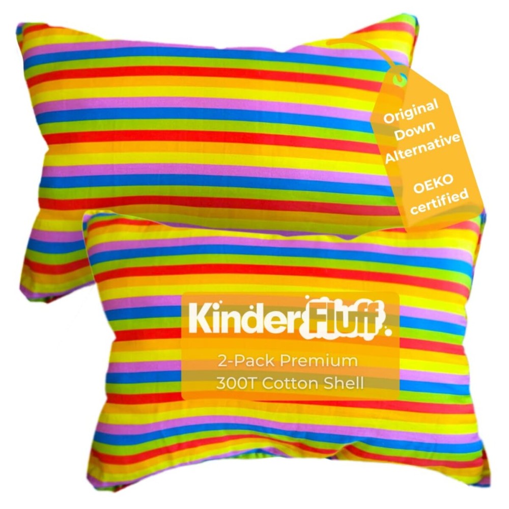 Kinder Fluff Mini Toddler Pillow (2Pk) 10x15in - First Pillow for Kids Age 2+, Bright Rainbow Design, 100% Cotton Sateen Stripe 300T, Down Alternative Fill, Machine Washable, Colourful Kids Cushion XS
