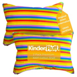 Kinder Fluff Mini Toddler Pillow (2Pk) 10x15in - First Pillow for Kids Age 2+, Bright Rainbow Design, 100% Cotton Sateen Stripe 300T, Down Alternative Fill, Machine Washable, Colourful Kids Cushion XS