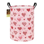 HUNRUNG Laundry Hamper,Large Canvas Fabric Lightweight Storage Basket Toy Organizer Dirty Clothes Collapsible Waterproof for College DormsRound-Pink Love Heart