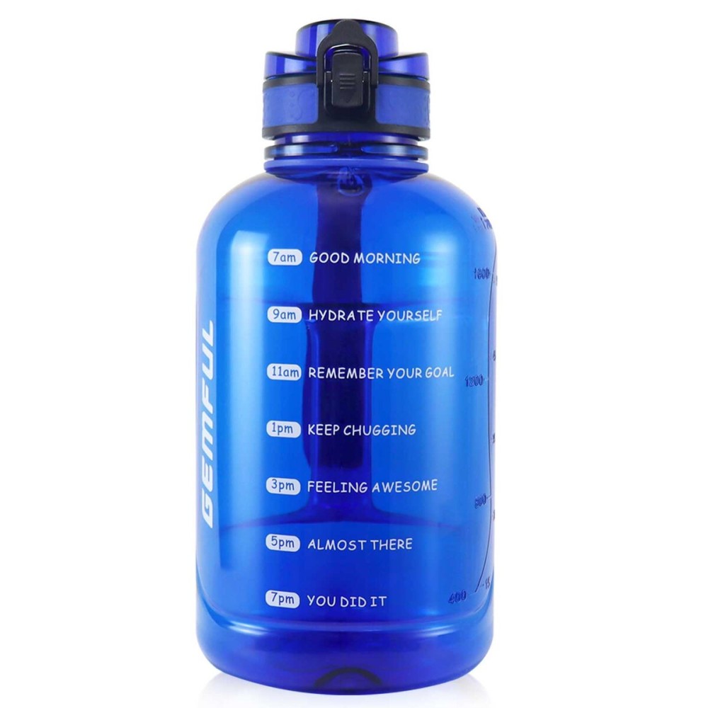 GEMFUL 2L Leak Proof Water Bottle with Handle 64oz Large Gym Jug Time Marker No Straw BPA Free Motivational for Men & Women (Royal Blue)