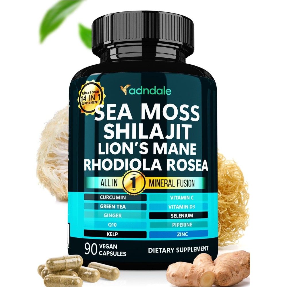 Adndale True Sea Moss Capsules. Shilajit for Men and Women Supplement with Lion\'s Mane, Rhodiola Rosea, CoQ10-90 Count