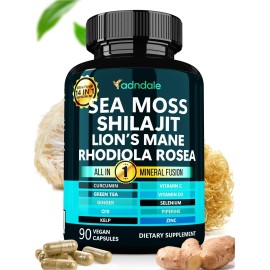 Adndale True Sea Moss Capsules. Shilajit for Men and Women Supplement with Lion\'s Mane, Rhodiola Rosea, CoQ10-90 Count