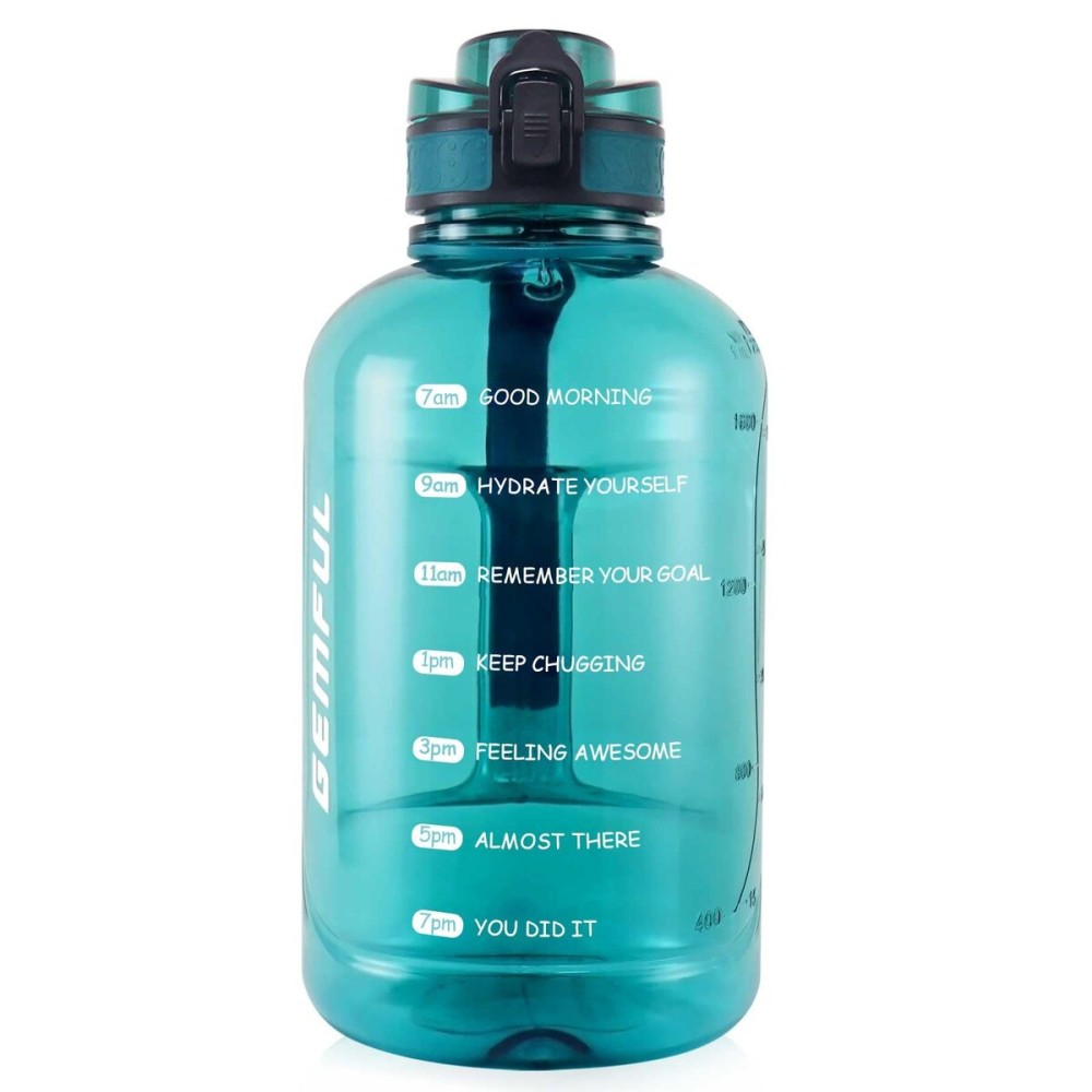 GEMFUL 64oz Motivational Water Bottle with Handle 2L Large Sports Jug for Gym Fitness Time Marker No Straw Leak Proof BPA Free (Cyan)