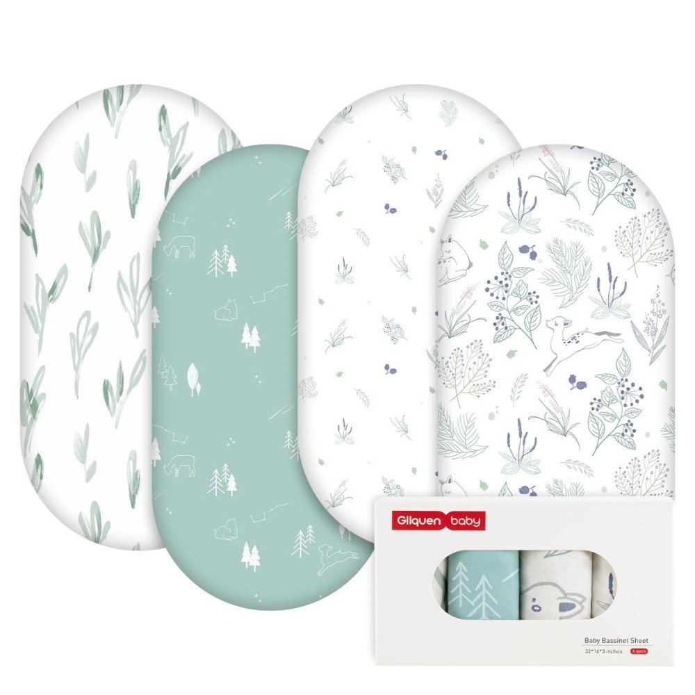 Gllquen Baby Bassinet Sheets 4 Pack, Breathable Cozy Fitted Mattress Sheet, Elastic Travel Crib Fashionable Pattern, Standard Cradle Safe Sheets for Baby Boys Girls 32x16(Forest Deer)