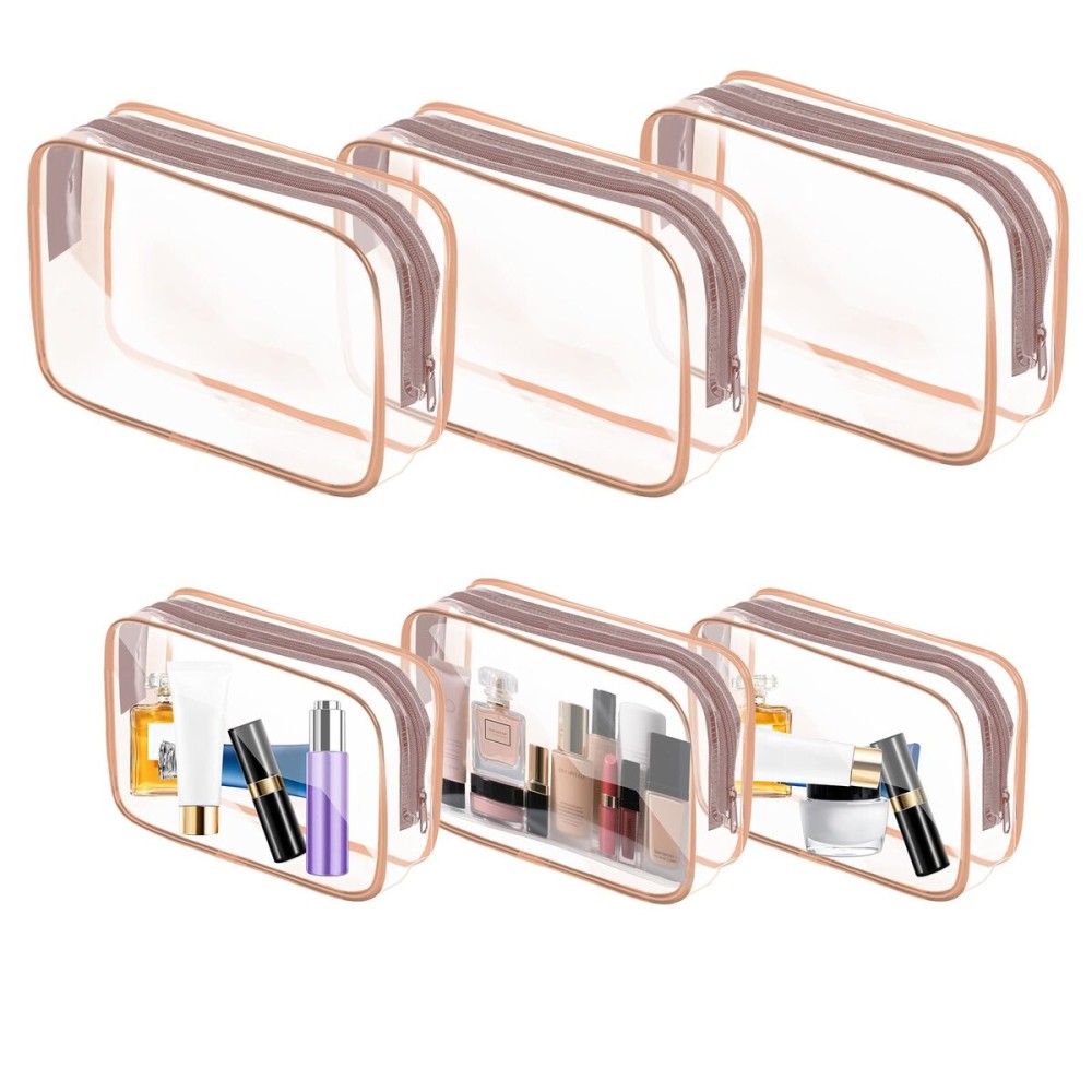 AURUZA 6 Pack Travel Toiletry Bag, Clear Makeup Bag, TSA Approved Cosmetic Bag with Zipper, Clear Organizer Carry on Bag for Women, PVC Cosmetic Pouch (Rose Pink, 6 Packs)