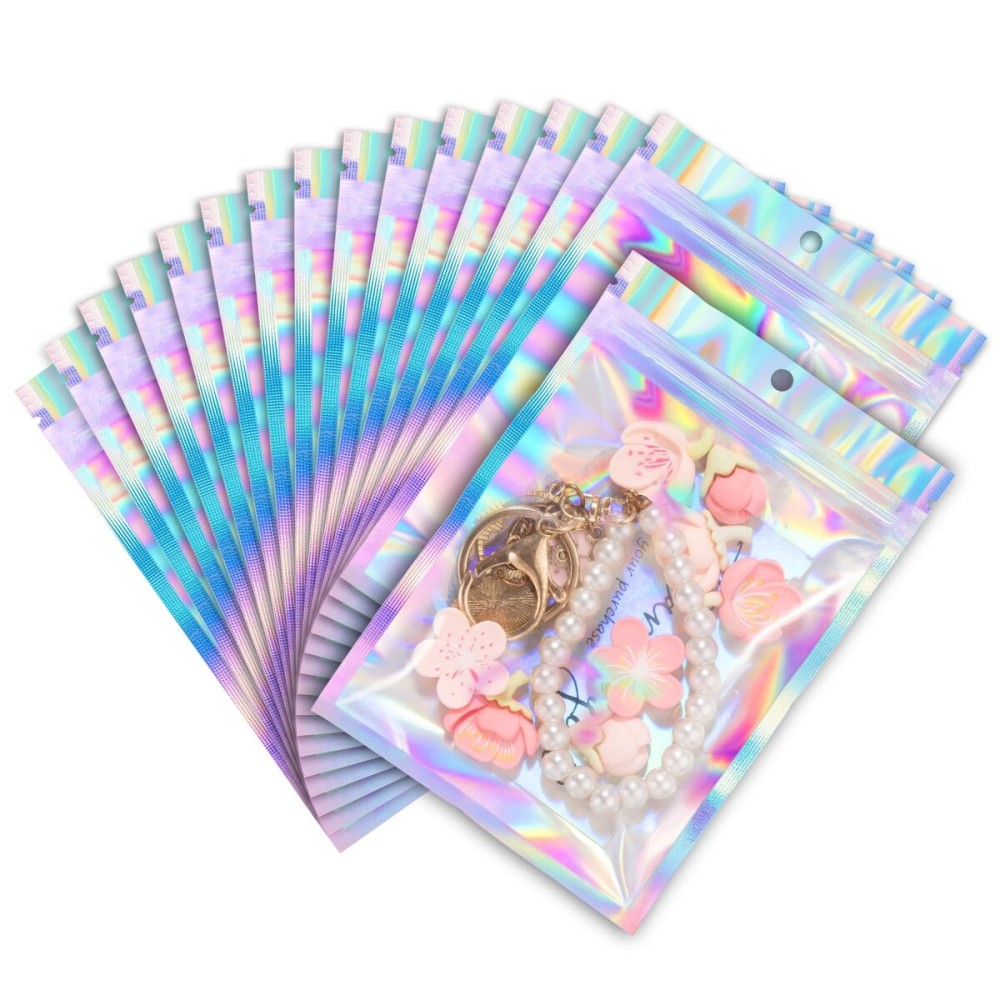 ANZNKU 100 Pack Mylar Bags Reasealable Holographic Bags, Smell Proof Bag Zipper Pouches with Clear Window, Jewelry Candy Sealable Bag for Packaging Sample Party Favor (3.9 x 7.1 Inch)