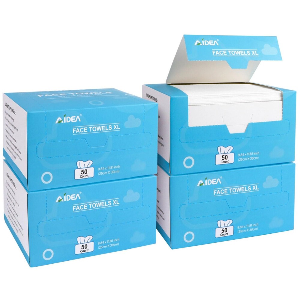AIDEA XL Face Towels Disposable-200Ct (4 Box), Clean Facial Cloths, Facial Cleansing Wipes for Sensitive Skin, Face Towelettes for Makeup Removing, Nursing, Travel, Dry Wipes 9.8411.81