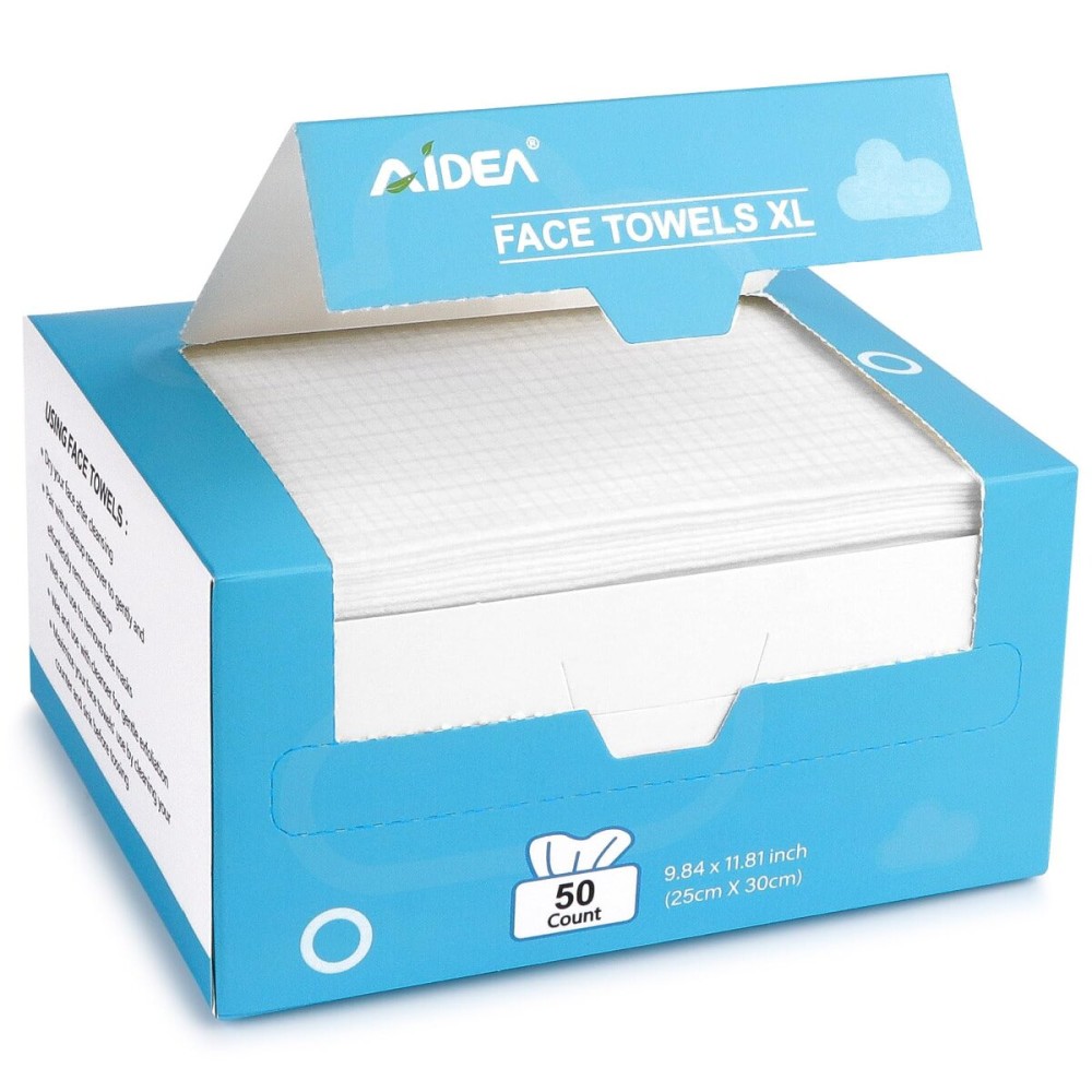 AIDEA XL Face Towels Disposable 50Ct, Clean Facial Cloths, Facial Cleansing Wipes for Sensitive Skin, Face Towelettes for Makeup Removing, Nursing, Travel, Dry Wipes 9.8411.81