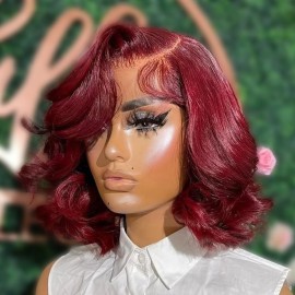 99j Burgundy Lace Front Wigs Human Hair Pre Plucked 13x4 Transparent HD Lace Frontal Wigs with Baby Hair Body Wave Bob Wig Human Hair Lace Front Wigs for Black Women 180% Density 14 inch
