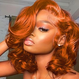 350 Ginger Orange Lace Front Wigs Human Hair Pre Plucked 13x4 Transparent HD Lace Front Wigs with Baby Hair Body Wave Bob Wig Human Lace Front Wigs for Black Women 180% Density 14 inch