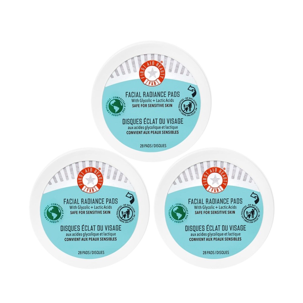 First Aid Beauty - Facial Radiance Pads with Glycolic & Lactic Acids, Daily Exfoliating Pads with AHA, Visibly Smaller Pores, Help Tone & Brighten Skin, One-Step Makeup Prep, Compostable, 28, 3ct