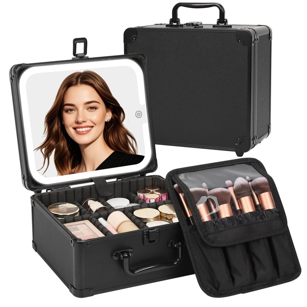 Makeup Case with Lighted Mirror, Travel Makeup Box with LED Mirror Makeup Organizer Bag Portable Cosmetic Train Case Makeup Artist Storage Bags with Adjustable Dividers Gifts for Women and Girls
