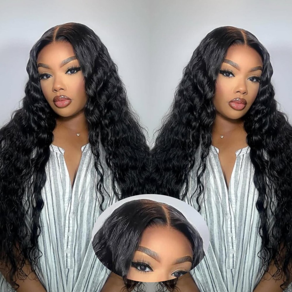 DULOVE 28inch Glueless Wigs Human Hair Pre Plucked Pre Cut 5x5 Deep Wave 200 Density No Glue Ready to Wear Wig for Wedding,Dating & More