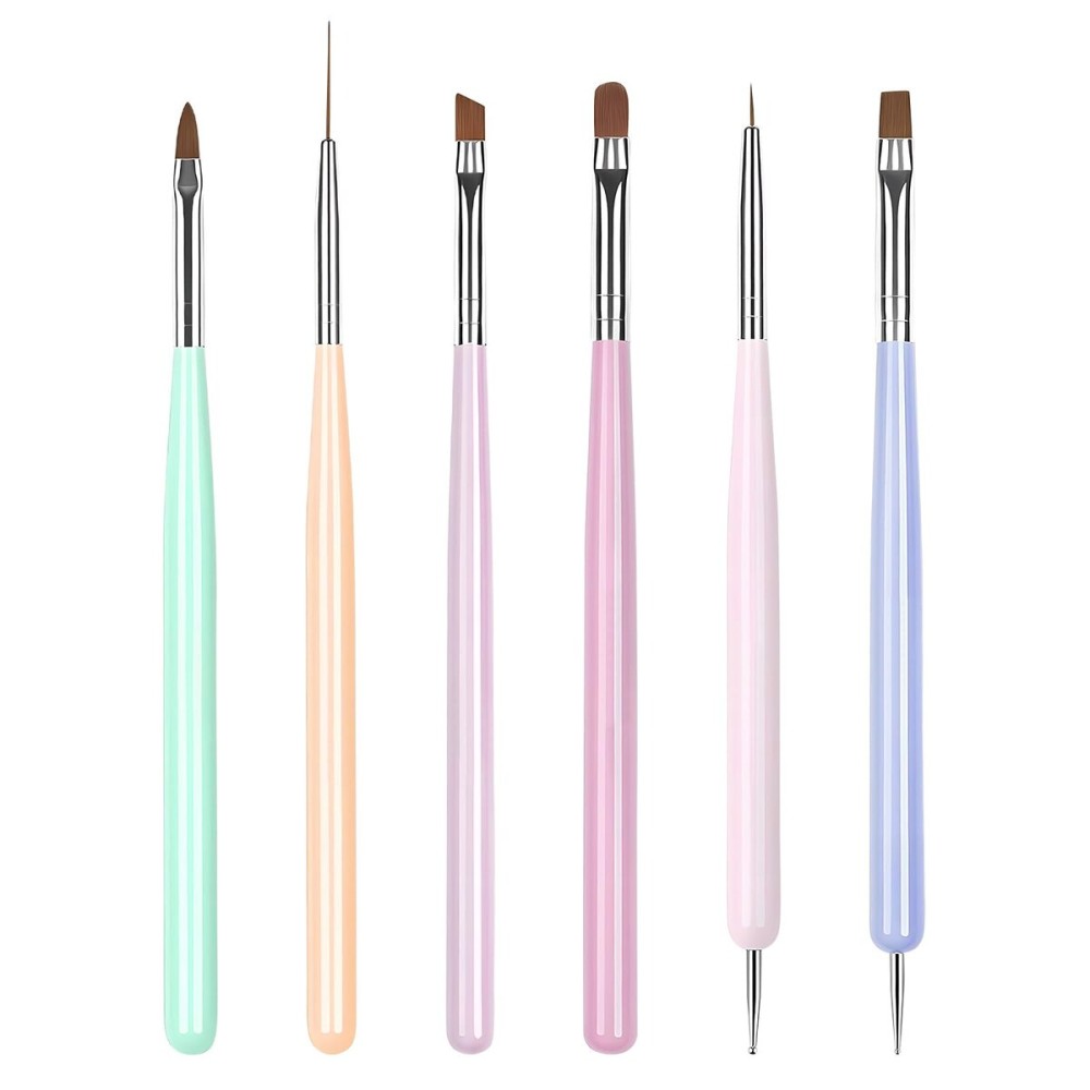Nail Art Brushes 6PCS Nail Brush Set with Gel Polish and Liner Brush and Dotting Pens for Home and Professional Salon Use