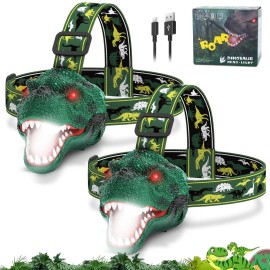 Nitigo Dinosaur Headlamp for Kids Flashlight 2 Pack, Rechargeable Led Headlights Roar & Silent Mode, T-Rex Dinosaur Toys, Camping Gear, Gifts for Boys Girls Adults