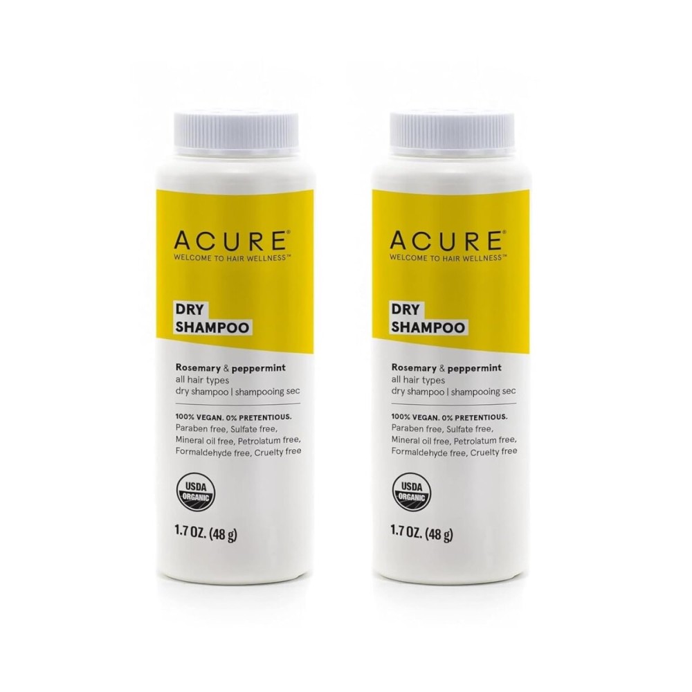 Acure Dry Shampoo - Mini Powder Dry Shampoo for Women with Blonde & Dark Hair, Care to Refresh Treated Color Tinted Hair with Rosemary & Peppermint, Non Aerosol, Vegan - 1.7 oz Travel Size (2 Pack)