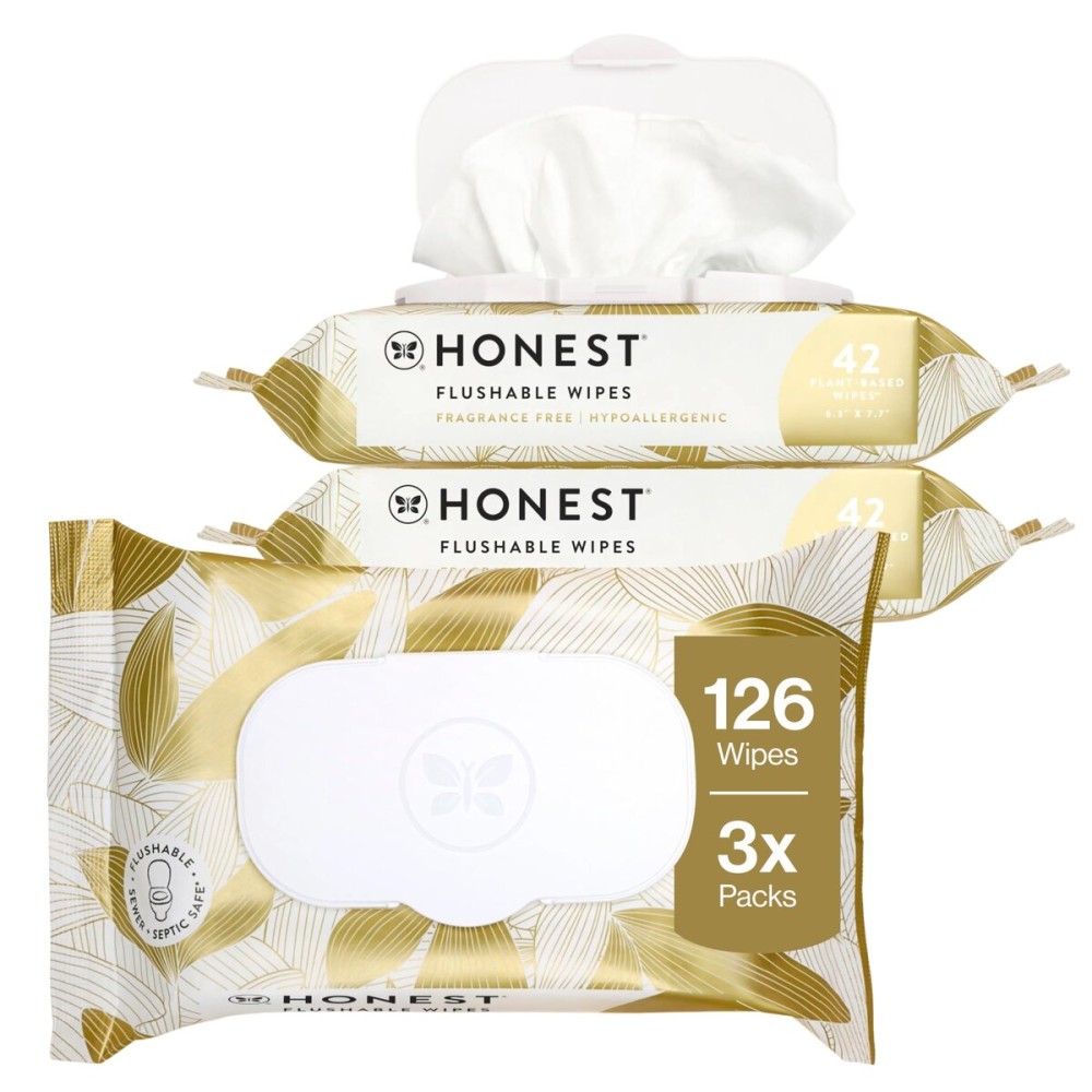 The Honest Company Flushable Wipes for Sensitive Skin Fragrance-Free Hypoallergenic pH-Balanced Feminine 99% Water Safe-to-Flush Gilded Wings 126 Count