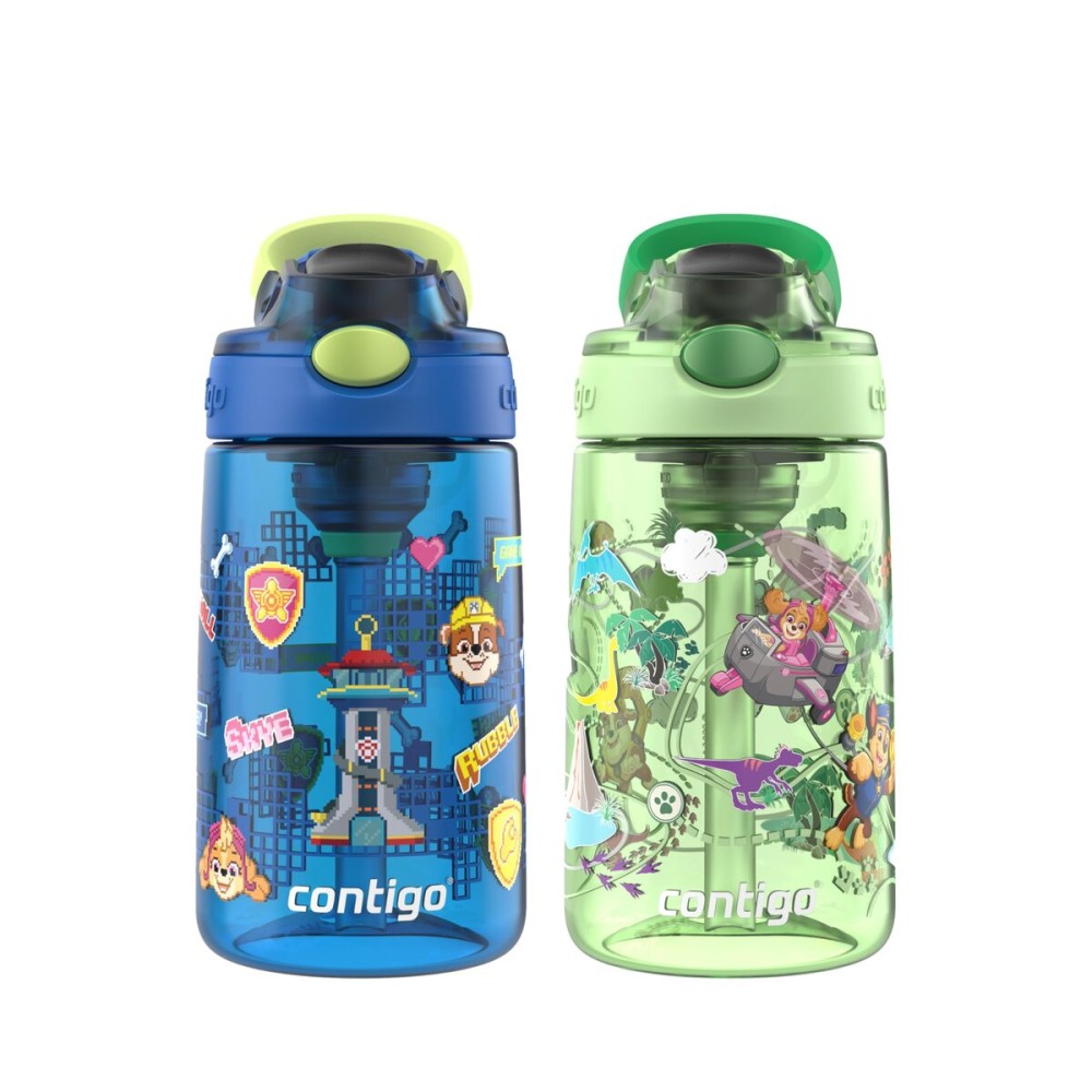 Contigo Aubrey Paw Patrol Leak-Proof Spill-Proof, 2-Pack Water Bottle with Autospout, 14oz, Power Pups and Dino Treks, Green and Blue