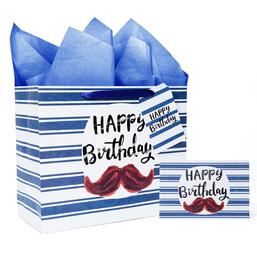 LaRibbons 13 Large Happy Birthday Gift Bag with Tissue Paper and Greeting Card, Navy Blue with Beard Pattern Design, Perfect for Mens Birthday