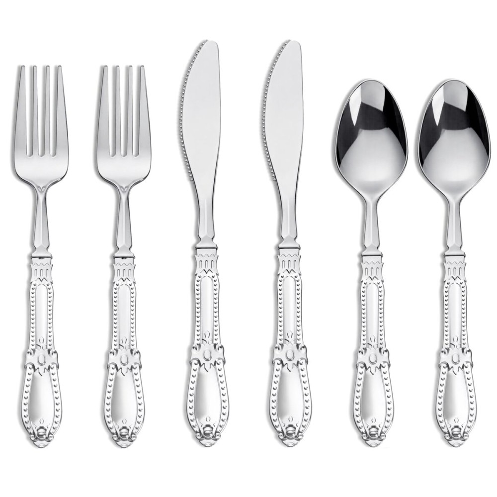 Nervure 300PCS Silver Plastic Silverware - Heavy Duty Disposable Cutlery Set,Luxury Silver Plastic Utensils include 100Pcs Forks, 100Pcs Spoons, 100pcs Knives Perfect for Wedding,Party,Daily Use