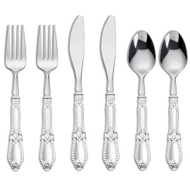 Nervure 300PCS Silver Plastic Silverware - Heavy Duty Disposable Cutlery Set,Luxury Silver Plastic Utensils include 100Pcs Forks, 100Pcs Spoons, 100pcs Knives Perfect for Wedding,Party,Daily Use