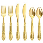 Nervure 150PCS Gold Plastic Silverware - Heavy Duty Disposable Cutlery Set, Luxury Gold Plastic Utensils include 50Pcs Forks, 50Pcs Spoons, 50pcs Knives Perfect for Wedding, Party, Daily Use