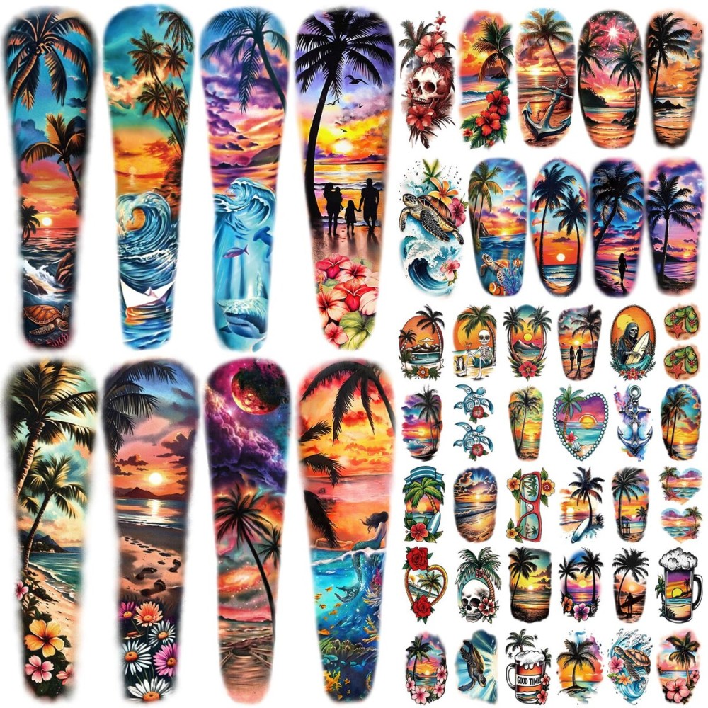 48 Sheets Full Arm Temporary Tattoos for Adults - Waterproof Tropical Summer Beach Party Fake Tattoo Stickers - Hawaiian Floral Palm Sunset Designs for Women Men