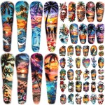 48 Sheets Full Arm Temporary Tattoos for Adults - Waterproof Tropical Summer Beach Party Fake Tattoo Stickers - Hawaiian Floral Palm Sunset Designs for Women Men