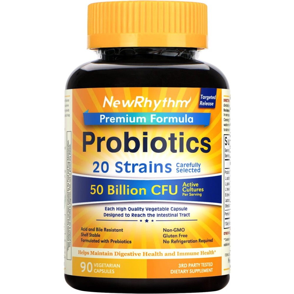 NewRhythm Probiotics 50 Billion CFU 20 Strains, 90 Veggie Capsules, Targeted Release Technology, Stomach Acid Resistant, No Need for Refrigeration, Non-GMO, Gluten Free