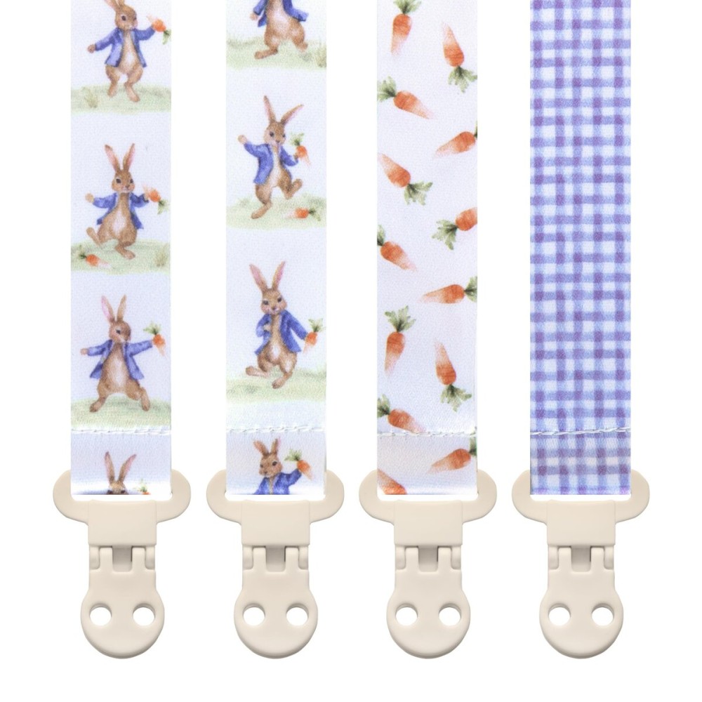 Stadela Baby Pacifier Clip Holder - Boy and Girl Unisex 4 Pack Gift Set - Neutral Vintage Rabbits and Carrots Beige Blue Brown Peter
