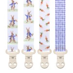 Stadela Baby Pacifier Clip Holder - Boy and Girl Unisex 4 Pack Gift Set - Neutral Vintage Rabbits and Carrots Beige Blue Brown Peter