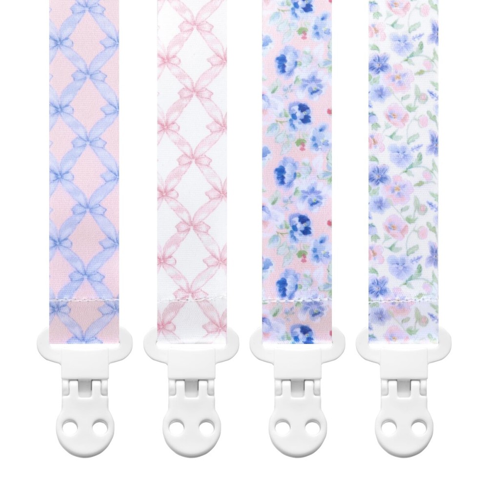 Stadela Baby Pacifier Clip Holder - Girl 4 Pack Gift Set - Vintage Floral French Granmillenial Ribbons Bows and Flowers in Pink and Blue