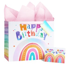 LaRibbons 13 Large Rainbow Birthday Gift Bag with Tissue Paper and Greeting Card, Pink with Holographic Design, Perfect for Girls and Kids Birthday