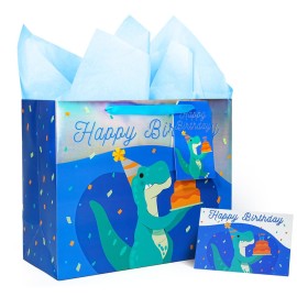 LaRibbons 13 Large Dinosaur Birthday Gift Bag with Tissue Paper and Greeting Card, Blue with Holographic Design, Perfect for Boys and Kids Birthday