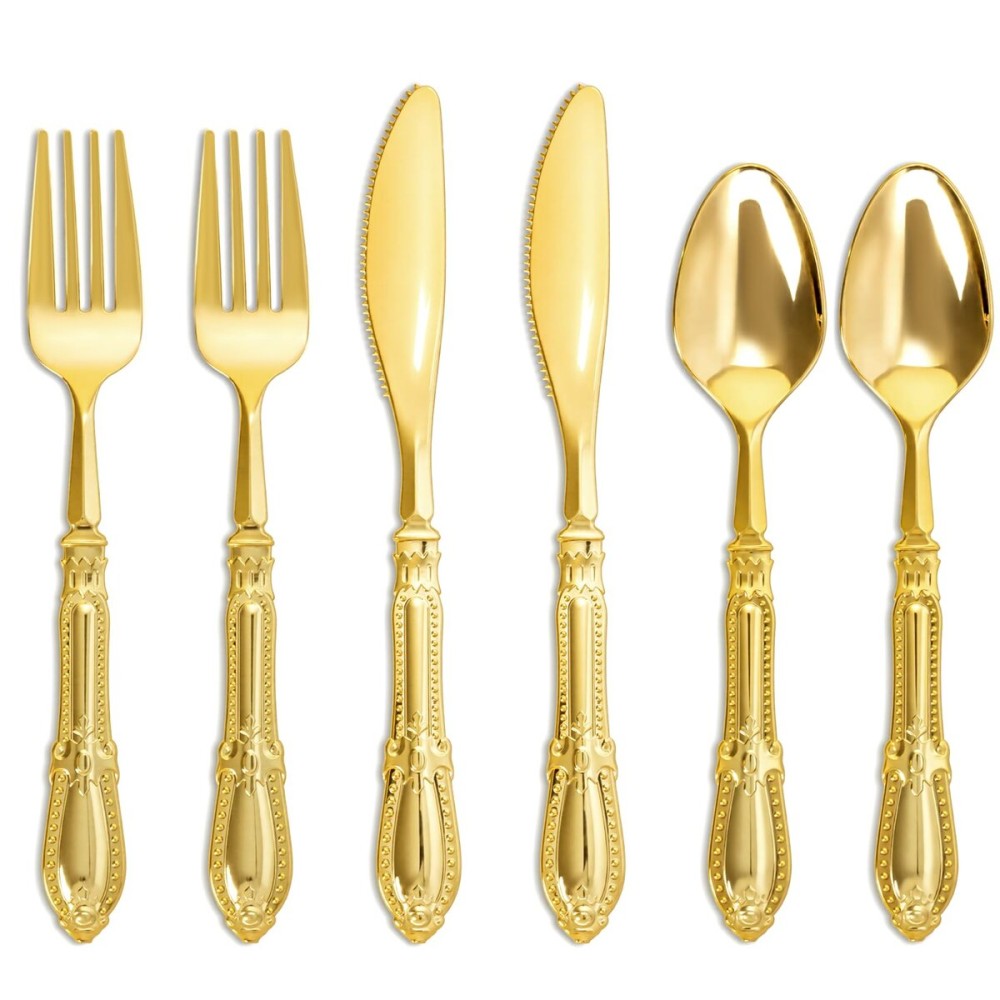 Nervure 300PCS Gold Plastic Silverware - Heavy Duty Disposable Cutlery Set,Luxury Gold Plastic Utensils include 100Pcs Forks, 100Pcs Spoons, 100pcs Knives Perfect for Wedding,Party,Daily Use