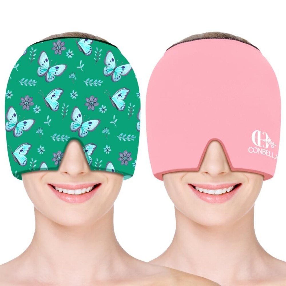 Migraine Relief Cap, Soothing Headache Ice Face Mask Products, Hot and Cold Therapy, Migraine Headache Relief Cap for Migraine, Sinus, Puffy Eyes, Tension, Stress and Hangover (Pink+Green)