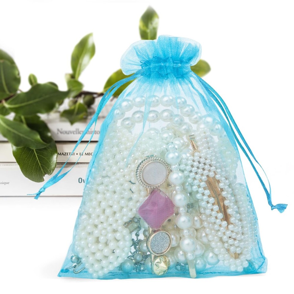 ANZNKU 50 Pack Organza Bags 4x6 Inch, Small Mesh Bag Drawstring Organza Gift Bags for Baby Shower, Party Favors(Lake Blue)