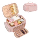 OCHEAL Large Makeup Bag,Cosmetic Organizer for Women with Zipper Pouch and Side Pocket, Multifunctional Compartments and Dividers,Travel Makeup Case for Toiletries, Brushes & Beauty Tools-Pink