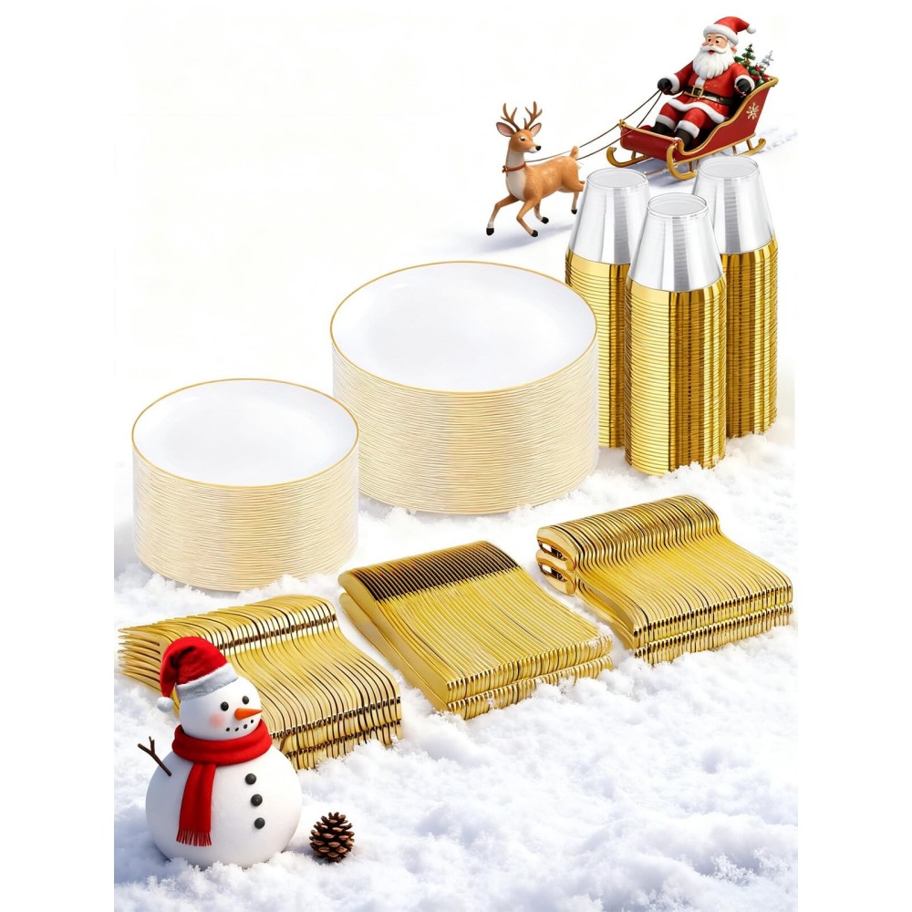 WDF 300PCS White and Gold Plates - Wedding Plastic Dinnerware Set for 50 Guests Include 50 Dinner & 50 Cake Plates, 50 Cutlery, 50 Cups for Wedding, Birthday, Thanksgiving Party