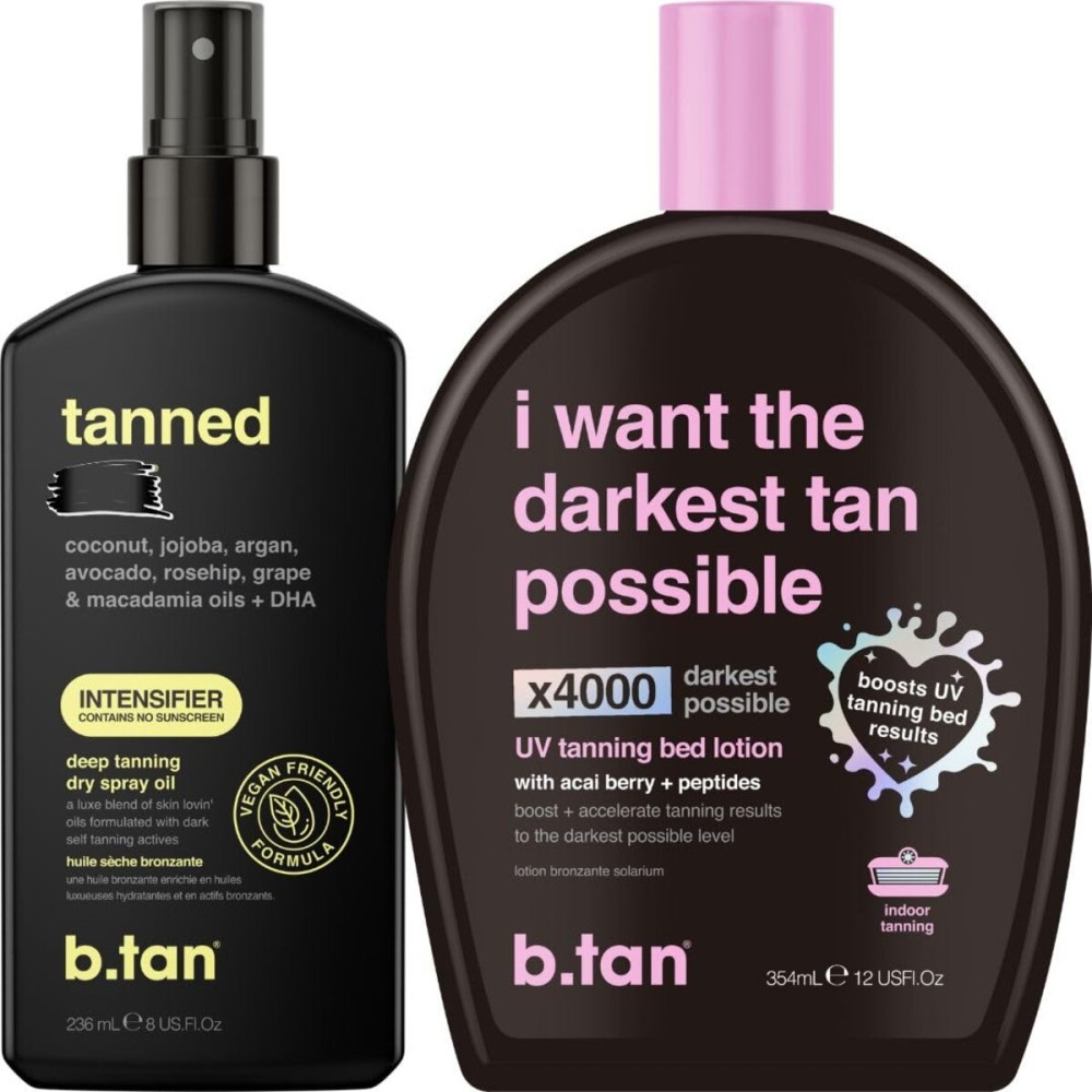 b.tan Tanning Oil & UV Tan Bed Lotion Kit | Best Dark Sun Tanner Bundle - Fast, Tinted, Indoor Outdoor Browning Accelerator Cream & Dark Bronzing Spray, Body Tan Extender, No Suntan Protection