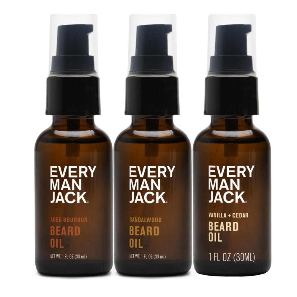 Every Man Jack Beard Oil Gift Set for Men - Full Size 3-pack - Sandalwood, Vanilla + Cedar & Aged Bourbon Scents - Softens Beard + Adds Shine - Naturally Derived w/Shea Butter - 1 fl oz (3 Pack)