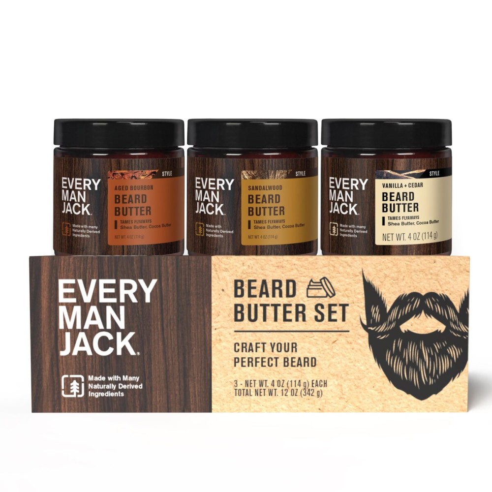 Every Man Jack Beard Butter Gift Set for Men - Full Size 3-Pack Variety with Sandalwood, Vanilla + Cedar & Aged Bourbon Scents - Naturally Derived with Shea Butter & Coconut Oil - 4 oz (3 Pack)