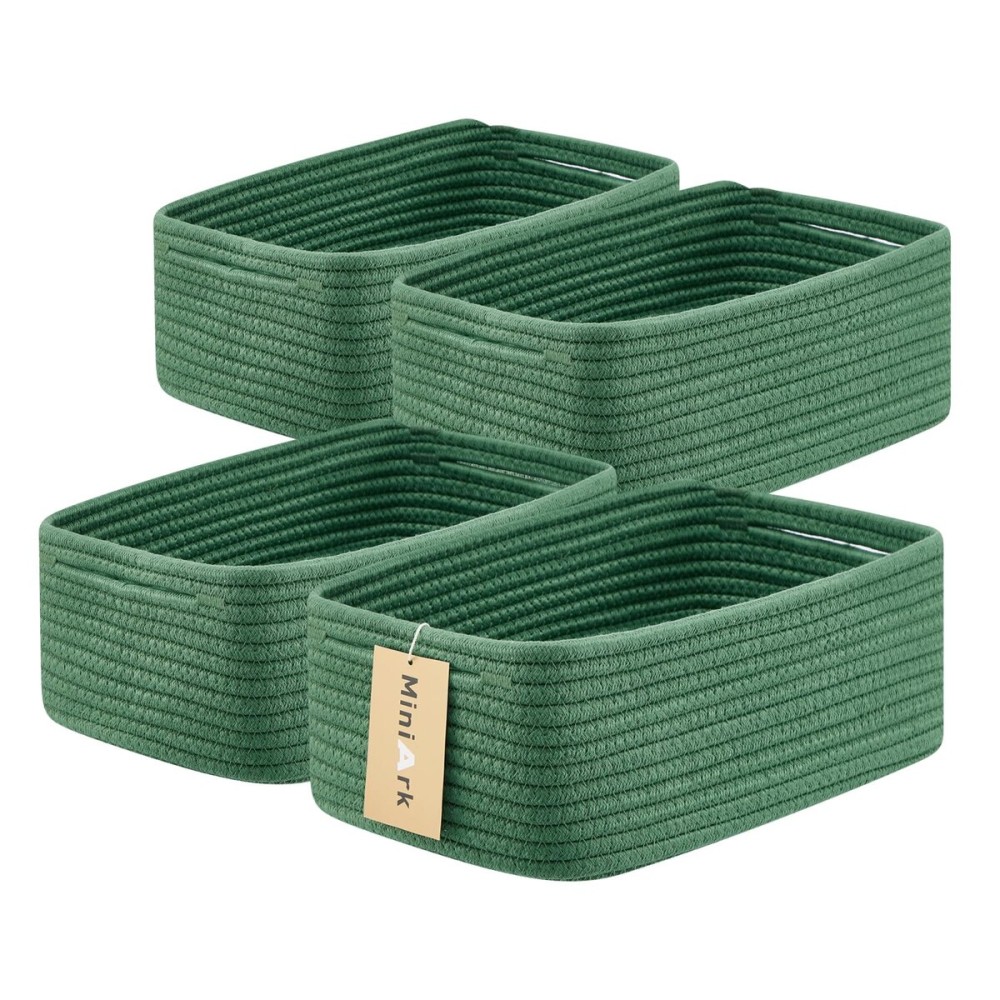 MiniArk Small Storage Baskets for Organizing | Closet Organizer Bins | Shelf Toy Basket | Woven Rope Baskets | Cube Decorative Box | Shallow Basket | 13x8.5x5.1 | 4 Packs Green