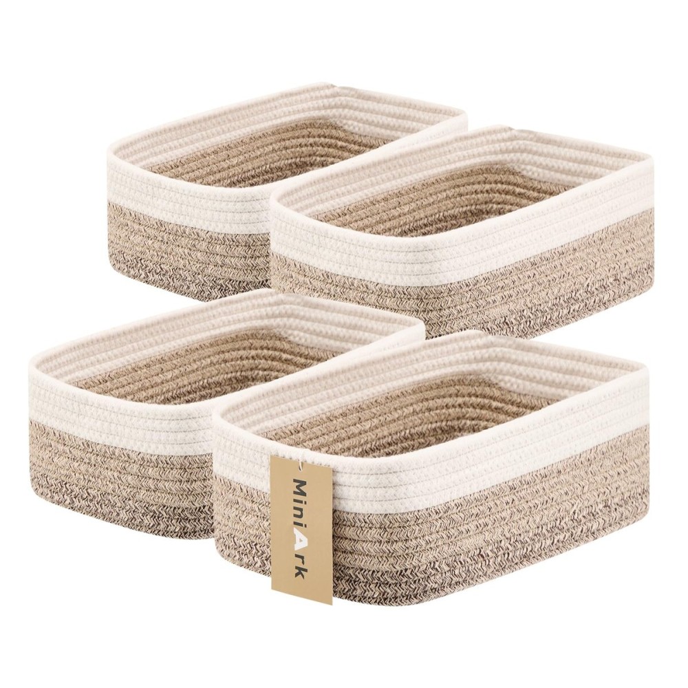 MiniArk Small Storage Baskets for Organizing | Closet Organizer Bins | Shelf Toy Basket | Woven Rope Baskets | Cube Decorative Box | Shallow Basket |11.5x7.5x4.7| 4 Packs Gradient Brown