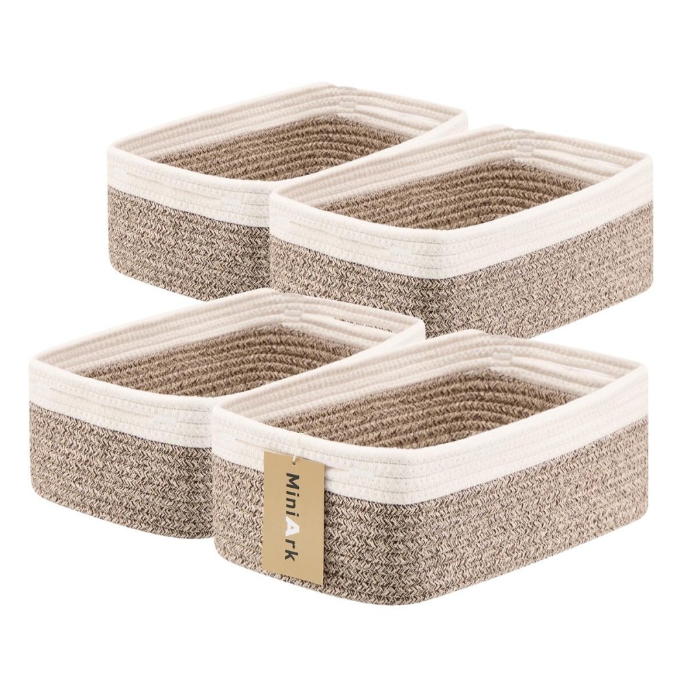 MiniArk Small Storage Baskets for Organizing | Closet Organizer Bins | Shelf Toy Basket | Woven Rope Baskets | Cube Decorative Box | Shallow Basket | 13x8.5x5.1 | 4 Packs White Brown
