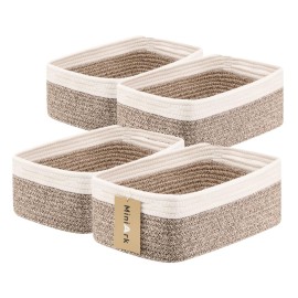 MiniArk Small Storage Baskets for Organizing | Closet Organizer Bins | Shelf Toy Basket | Woven Rope Baskets | Cube Decorative Box | Shallow Basket | 13x8.5x5.1 | 4 Packs White Brown