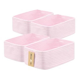 MiniArk Small Storage Baskets for Organizing | Closet Organizer Bins | Shelf Toy Basket | Woven Rope Baskets | Cube Decorative Box | Shallow Basket | 13x8.5x5.1 | 4 Packs Light Pink
