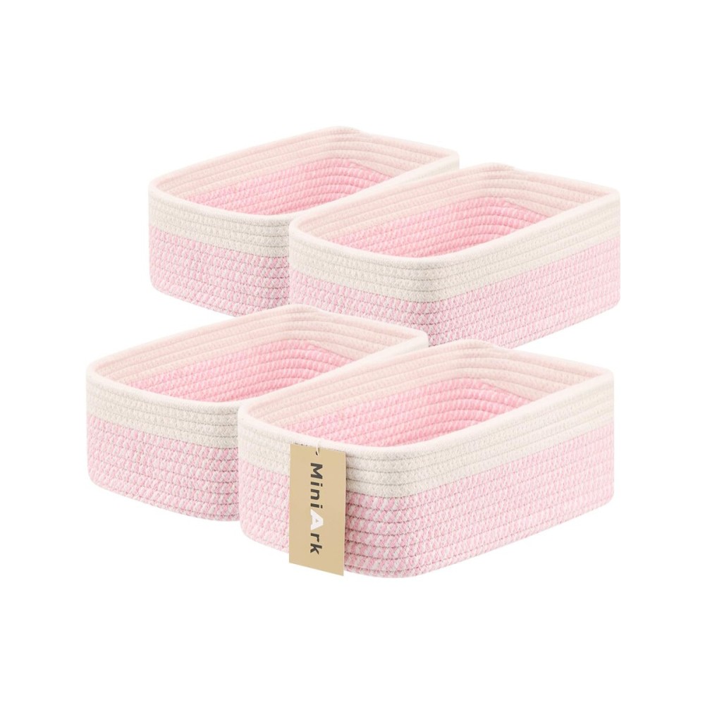 MiniArk Small Storage Baskets for Organizing | Closet Organizer Bins | Shelf Toy Basket | Woven Rope Baskets | Cube Decorative Box | Shallow Basket | 11.5x7.5x4.7 | 4 Packs White Pink